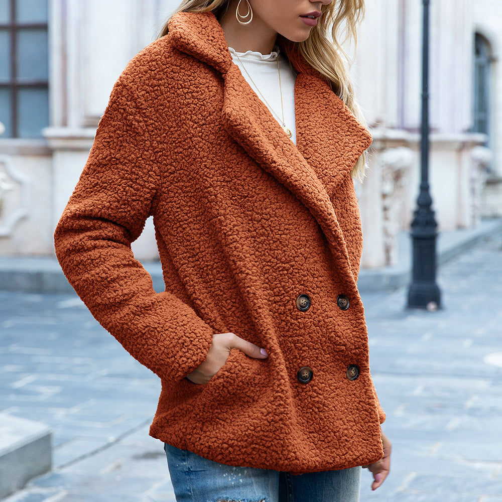 Lös lapel Fluffy Coat Vinterknappsjacka Cardigan Ytterkläder För Damkläder