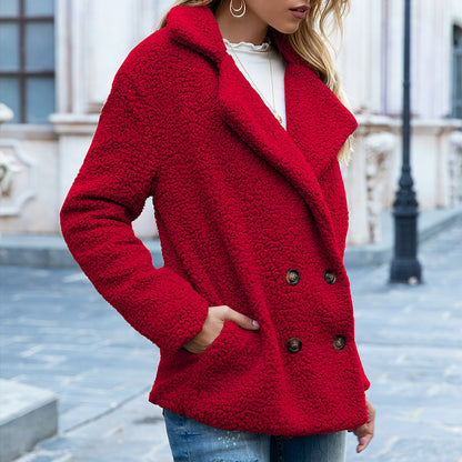 Lös lapel Fluffy Coat Vinterknappsjacka Cardigan Ytterkläder För Damkläder