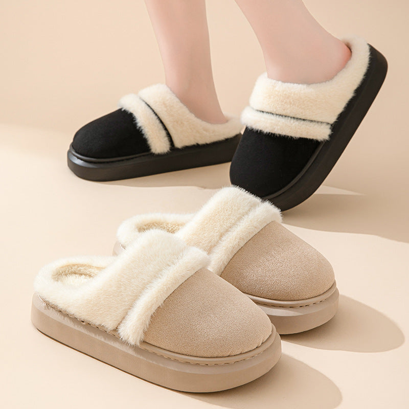 Fashion Warm Cotton Slippers For Women Leisure Thick Bottom Non-slip Plus-velvet House Shoes Winter Bedroom Floor Suede Slipper