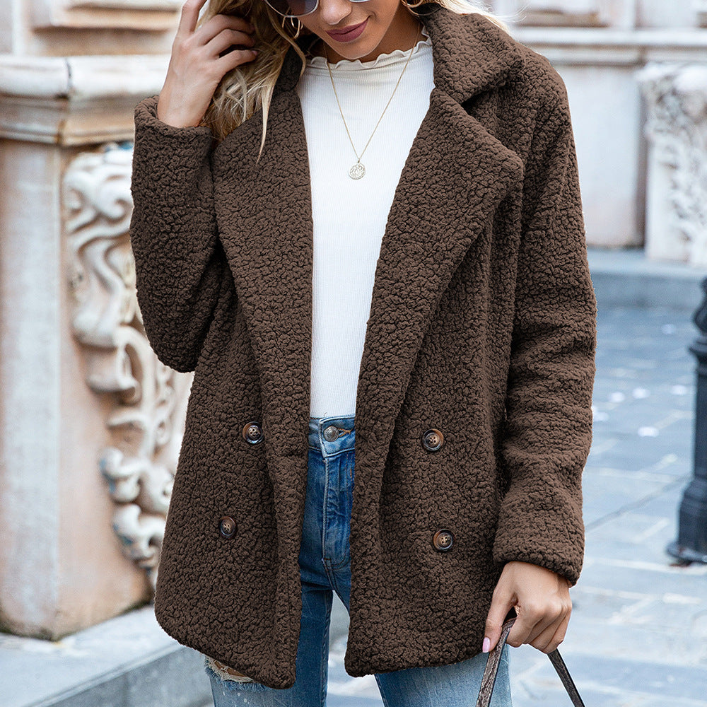 Lös lapel Fluffy Coat Vinterknappsjacka Cardigan Ytterkläder För Damkläder