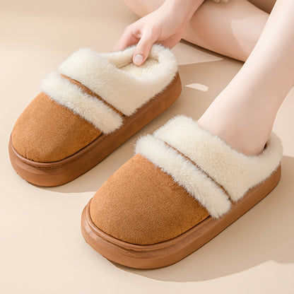 Fashion Warm Cotton Slippers For Women Leisure Thick Bottom Non-slip Plus-velvet House Shoes Winter Bedroom Floor Suede Slipper